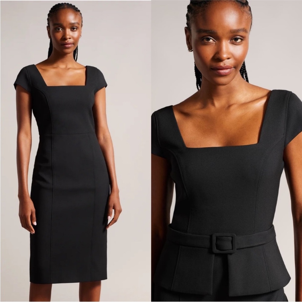 Ted baker fleuurr belted square neck midi shift little black dress, NWT size 3 - Picture 4 of 13